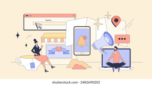 Local digital marketing campaign strategies tiny person neubrutalism concept. Store advertisement using location services for effective targeted audience vector illustration. GPS ads in smartphone.