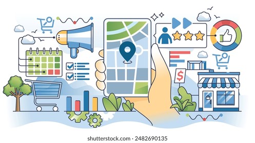 Local digital marketing strategies with store ads outline hands concept. Commerce strategy with GPS location advertisements and special offers for effective targeted audience vector illustration.