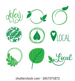 Local eco labels. Oganic green circle frames with leaves and branches, bio products stamps, ecology friendly emblem set support local badge promotion decoration element hand drawn illustration