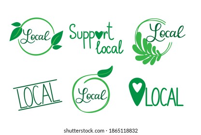 Etiquetas ecológicas locales. Marcos de círculo verde oganico con hojas y ramas, sellos de bioproductos, conjunto de emblemas amigables de la ecología apoya la promoción de insignias locales decoración elemento ilustración dibujada a mano