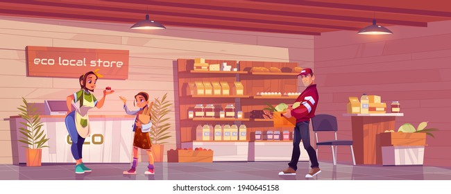 Local eco store with customer, vendor and porter