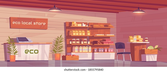 Local Eco Store Empty Interior, Grocery Shop With Ecological Production On Wooden Shelves. Dairy Products, Homemade Sausages, Bakery And Honey, Farmer Food Retail Place, Cartoon Vector Illustration