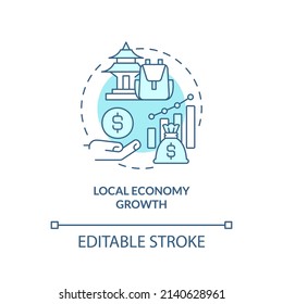 Local Economy Growth Turquoise Concept Icon. Tourists Engaging. Conservation Policy Abstract Idea Thin Line Illustration. Isolated Outline Drawing. Editable Stroke. Arial, Myriad Pro-Bold Fonts Used