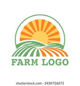 Local Farm or Agricultural company catchy logo template - stunning sunrise over a vast field, with the sun as a glowing circle in the center. Beautiful symmetrical scene of natures art