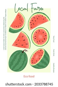 Local farm banner design. Fruit watermelon packaging concept. Fresh watermelon vector illustration. Watermelon slice, food illustration for fruit shop design. Sliced berry for autumn farm market.