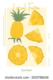 Plantilla de banner de granja de servidores local. Diseño de empaque de jugo de piña de fruta. Diseño de afiches dibujados a mano por vectores de piña dulce. Fruto tropical brillante. Pancarta de jugo o mermelada para el mercado agrícola.