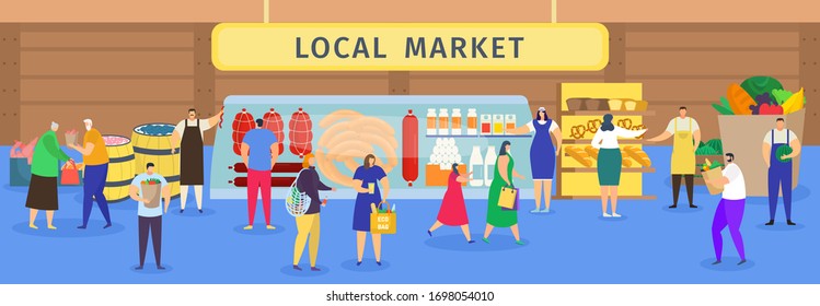 Local Farm Food Market Vector Illustration. Cartoon Flat People Shopping With Shopper Bag, Woman Man Characters Buying From Farmers Meat, Bread, Vegetables At Marketplaces. Retail Marketing Background