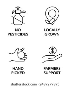 Local farm fruits and vegetables icons set - No pesticides, Locally grown, Hand-picked, Farmers support. Pictograms for labeling in thin line