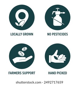 Local farm fruits and vegetables icons set - No pesticides, Locally grown, Hand-picked, Farmers support. Flat pictograms for labeling in circle shapes