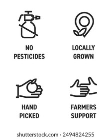 Local farm fruits and vegetables icons set - No pesticides, Locally grown, Hand-picked, Farmers support. Pictograms for labeling in bold line