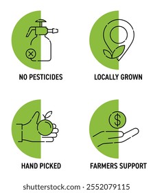 Conjunto de ícones de frutas e legumes da fazenda local - Sem pesticidas, Cultivados localmente, Escolhidos à mão, Apoio dos agricultores. Pictogramas planos para rotulagem em linha fina separada, forma semicircular