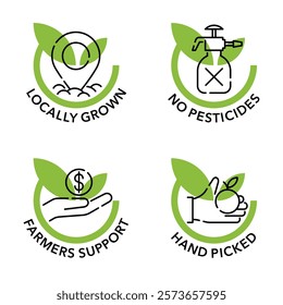 Local farm fruits and vegetables icons set - No pesticides, Locally grown, Hand-picked, Farmers support. Flat pictograms for labeling in thin separated line and green fill