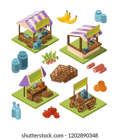 Local farm isometric. Outdoor marketplaces with country food fruits vegetables meat industrial store vector 3d pictures. Illustration of agriculture grocery retail, organic and fresh