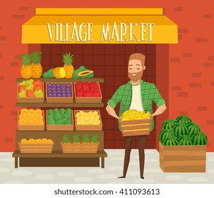 Local Farm Market. Farmer Shopkeeper Selling Fresh Organic Farm Vegetable And Fruit Harvest Illustration. Vector Street Showcase With Natural Food. Vendor Work At Village Local Marketplace
