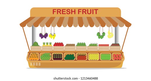 Local farm market fruit shop with fresh fruit in wooden box isolated on white background, vector illustration.