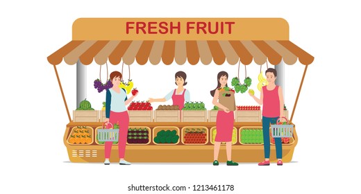 Local farm market fruit shop with fruit seller stand to sell fruit and customer shopping fresh fruits, vector illustration.