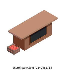 Local farm market isometric composition with isolated image of barn building with box of tomatoes vector illustration