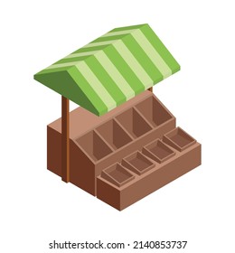 Local farm market isometric composition with isolated image of wooden market stall with empty boxes vector illustration