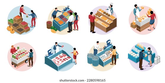 Composiciones redondeadas isométricas del mercado agrícola local con compradores y vendedores detrás de mostradores con ilustraciones vectoriales de alimentos frescos