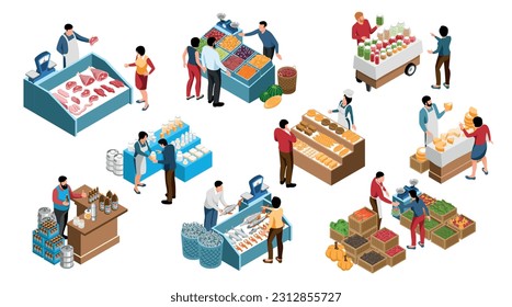 Local farm market isometric set of farmers selling fresh food of own production isolated vector illustration