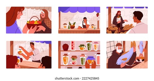 Local farm market set. Vendors farmers at stalls, counters, selling fresh organic products, fruits, honey, fish and bakery. Sellers at kiosks with natural food, harvest. Flat vector illustrations