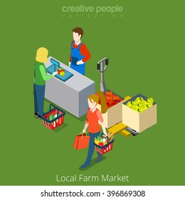 Local Farm Market shop sale shopping flat 3d isometry isometric website vector concept illustration. Creative people collection. Female shopping food vegetable product.