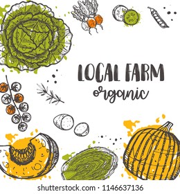Local farm. Organic concept design. Hand drawn vector illustration with vegetables. Can be used for farmers market, food festival, poster, banner, sticker, logo, label, emblem.