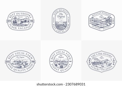 Local Farm Outdoor Products Retro Logo Templates Set. Hand Drawn Landscape Sketches with Typography and Borders Emblems. Countryside Recreation Resort Frame Badges Collection. Isolated