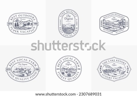 Local Farm Outdoor Products Retro Logo Templates Set. Hand Drawn Landscape Sketches with Typography and Borders Emblems. Countryside Recreation Resort Frame Badges Collection. Isolated