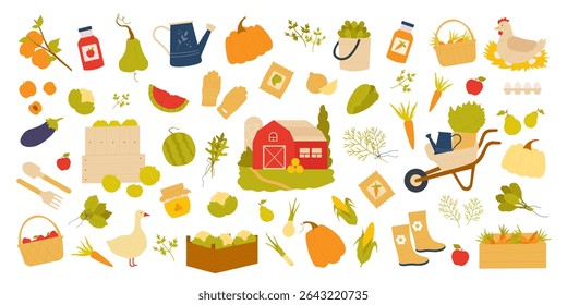 Local farm products production and agriculture set, farmers tools and organic harvest of fresh fruits, vegetables. Village barn, wheelbarrow, eco healthy crop and poultry cartoon vector illustration