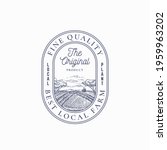 Local Farm Products Retro Frame Badge or Logo Template. Hand Drawn Rural Farm Landscape Sketch with Retro Typography and Borders. Vintage Sketch Emblem. Isolated.