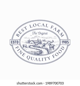 Local Farm Products Retro Frame Badge or Logo Template. Hand Drawn Rural Farm Landscape Sketch with Grazing Cows, Retro Typography and Borders. Vintage Sketch Emblem. Isolated.