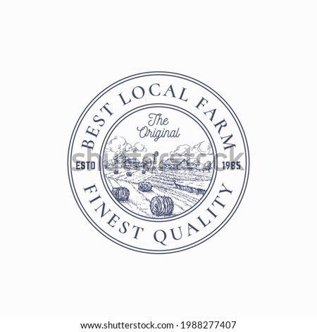 Local Farm Products Retro Frame Badge or Logo Template. Hand Drawn Rural Farm Landscape Sketch with Windmill, Haystack, Retro Typography and Borders. Vintage Sketch Emblem. Isolated.