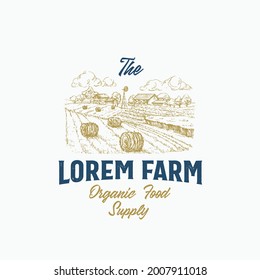 Local Farm Retro Badge or Logo Template. Hand Drawn Rural Farm Landscape Sketch with Windmill, Haystack with Typography Layout. Vintage Sketch Emblem. Isolated.