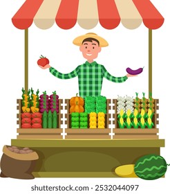 Local farm stand with fresh vegetables. Cartoon market