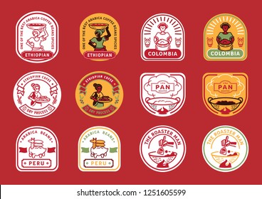 local farmer badge design with farmer harvest,coffee fruit,coffee bean,coffee pan roasting,sheep with burlap bag vector illustration.