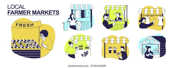 Local farmer markets concept set for web design. Collection with people work bakery kiosk, selling fabric textile, eggs, wine and fruits, trading clothing or flowers in shops. Vector illustration.