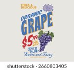Local farmer markets. Grape fruit artwork. Fresh grapes fruit print. Nature watercolor design. Fresh food artwork for for t shirt. Always organic. Summer food poster design.