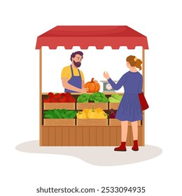 Local farmer offering fresh vegetables. Vendor selling natural organic domestic produce. Buyer at vegetable counter on market. Flat vector illustration isolated on white background