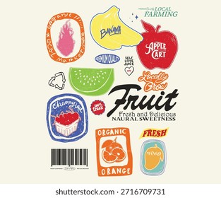 Diseño de cartel de agricultor local. Mezcle el diseño del conjunto de frutas para la camiseta, los carteles, las pegatinas, el fondo y otros.
