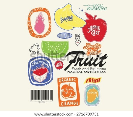 Local farmer poster design. Mix fruit set design for t shirt, posters, stickers, background and others.
