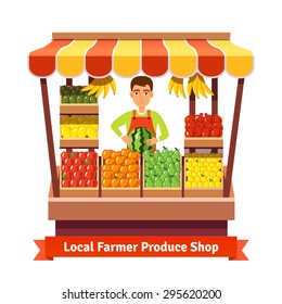 Local farmer produce shop keeper. Fruit and vegetables retail business owner working in his own store. Flat style illustration.