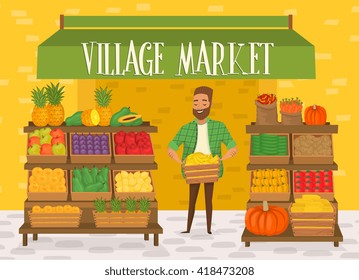 Local farmer shopkeeper. Seller fresh vegetables. Natural product. Village market.