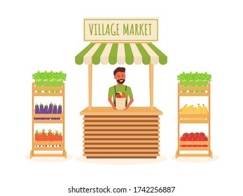 Local farmer shopkeeper. Village market. Cartoon flat style. Concept eco fresh produkts. Vector illustration.