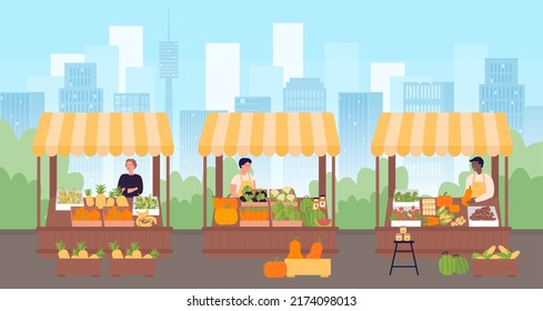 Local Farmers Market In City Urban Landscape Vector Illustration. Cartoon Street Fair, Sellers At Counters Of Stalls Marketplaces Selling Natural And Fresh Food, Fruit And Vegetables Background