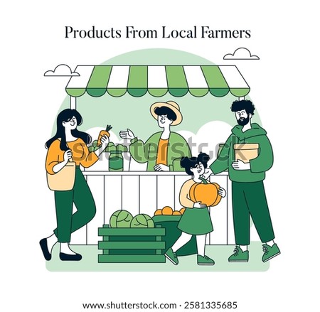 Local farmer's market scene. Families interact with vendors while selecting fresh produce and local goods. Highlights community support, health benefits, and sustainable choices. Vector illustration.