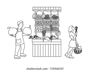 Local farmers market farmers selling vegetables produce on stall. Modern flat style realistic vector outline illustration isolated on white background.