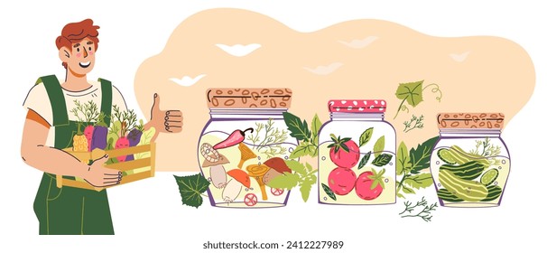 Local farmers production of fermented vegetables and pickles. Farmers contribute local food and healthy vegetarian production, flat cartoon vector illustration isolated on white background.