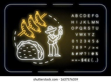 Local fast food neon light concept icon. Indigenous cooking, cost effective nutrition idea. Outer glowing sign with alphabet, numbers and symbols. Vector isolated RGB color illustration