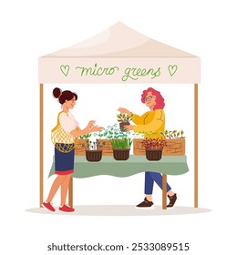 Local female farmer offering fresh green flavorful sprouts. Woman vendor selling natural organic microgreens. Buyer at counter on market. Flat vector illustration isolated on white background